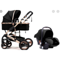 Baby Pram Stroller - 3 Function Foldable Baby Pram with Car Seat- Black & Gold Belecoo Brand