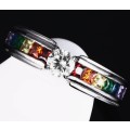 MULTICOLOUR CZ CHANNEL RING 316L STAINLESS STEEL. SIZE 5/K