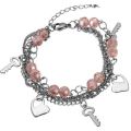 Stainless Steel Pink Beads Heart Key Charm Women Bracelet 16cm