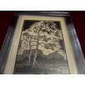 Gregoire Boonzaier (1909-2005) linocut Windswept Pine trees dated 1978 in a beautiful frame