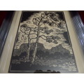 Gregoire Boonzaier (1909-2005) linocut Windswept Pine trees dated 1978 in a beautiful frame