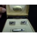 Swank Cufflinks and Tie Clip with Blue Stones in Original Box
