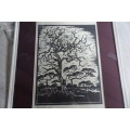 Gregoire Boonzaier 1909 - 2005  - 'Tree with Highveld' - Linocut-Signed in Pencil 1978