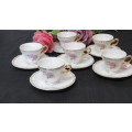 Pretty Vintage Set of Six China Demitasse Cups and Saucers Rose Pattern Gold Trim