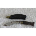 Vintage Nepal Knife in Leather Sheath Brass Finishes Wood Handle Engraving on Blade L: 18 cm