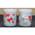 Lovely Vintage Set of Two `I Love You` Porcelain Mugs Handles Interlink Made in Japan H: 6,3 cm