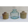 Stunning Vintage Glass Jar/Two Stoneware `Pork Pie` Short Style Ink Pots