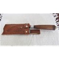 Fabulous Vintage Cleaver Knife With Engraved Decorative Blade and Leather Sheath L: 300 mm