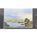 Stunning Vintage Framed Watercolour Two Men With Boat on Lake Signed 51,5 x 41,5 cm