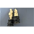 Two Vintage Hand Carved Bone Musician Figurines Mounted on Turned Wood Bases