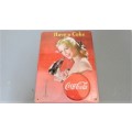 Vintage `Have A Coke` Coca-Cola Pressed Tin Sign With Temperature Gauge 1940s Lady 30 x 40 cm