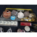 Vintage Tin With A Collection Of Badges, Medals And Other Interesting Items Selling As A Lot