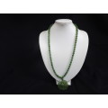 Stunning Vintage Nephrite Green Jade Beads Necklace With Good Luck Pendant In Excellent Condition