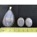 Stunning Sterling Silver Natural Blue Lace Agate Gemstone Pendant And Clip On Earrings