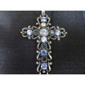 Stunning Large Filigree Cross With Blue Stones Pendant In Excellent Condition