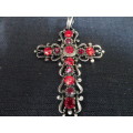 Lovely Large Filigree Cross With Red Stones Pendant In Excellent Condition