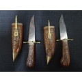 Set Of Two Vintage Arabic Decorated Dagger Knives With Wood Carved Handles In Sheath, Brass Trim