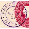 NATAL 1901 QV EMBOSSED COVERS (X3) WITH PURPLE ENNERDALE CDS. CONDITION AS PER SCANS.