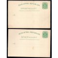 TRANSVAAL (ZAR) (X2) BRIEFKAARTS 1897 1/2d GREEN POSTAL STATIONERY CARD WITH ZASM TEXT ON REVERSE.
