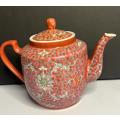 Vintage Chinese Pink / Red Famille Rose Tea Pot Porcelain Mun Shou Longevity Pat