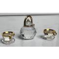 Gold Rimmed Swarovski Crystal Miniature Teapot and Two Cups with Saucers