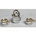 Gold Rimmed Swarovski Crystal Miniature Teapot and Two Cups with Saucers