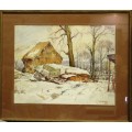 Framed painting -`Snowed In` - artist - May Mancaton 1953