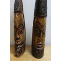 2 x Wooden carved African design art heads - there is a slight nick at the base of the 1 x head