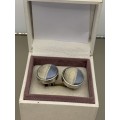 Stainless steel cufflinks with blue and white cotton