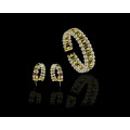 56.4 grams (total grams) 18 carat Yellow Gold, Pearl and Precious Stone Set bangle and earings