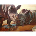 RHINOs AT WATERHOLE BOXED ON CANVAS .61 x 46 cm (2014 ) STORED..READ ON...