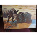 RHINOs AT WATERHOLE BOXED ON CANVAS .61 x 46 cm (2014 ) STORED..READ ON...