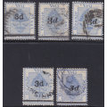 OFS 1882 SG38-42(SACC21-25) SCARCE COMPLETE USED SET OF 3d ON 4d OVERPRINTS