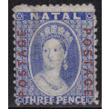 NATAL 1872 SG61 / SACC66 3d BRIGHT BLUE O/P IN RED UNUSED CV£100++