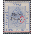 OFS 1896 SACC45a:½d ON 3d ULTRAMARINE `NO STOP AFTER PENNY` and MISPLACED BAR CV R1500