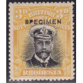 B.S.A.C / RHODESIA 1913-22 : 3d BLACK & YELLOW `SPECIMEN`  - MM CV R3420