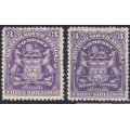 BSAC / Rhodesia : SG86 & 86a 3/- Deep Violet & Deep Bluish-violet MM CV £123