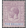 BAHAMAS 1912-19 SG88 5/- DULL PURPLE and BLUE - LMM CV £42(2017)