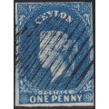 CEYLON - 1857-9 SG2a 1d BLUE - VFU - CV £80(2017)