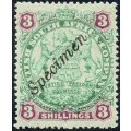 B.S.A.C/Rhodesia SG36s 3/- Green and Mauve/Blue `SPECIMEN` LMM