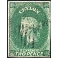 CEYLON - 1857 SG3 2d GREEN - VFU - CV £65(2017)