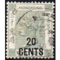 Hong Kong 1891 : SG45a 20c on 30c GREY-GREEN VFU CV £150(2017)