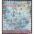 Cape of Good Hope 1879 : SACC29a : 3d on 4d Blue(WM Crown CC) FU `PENCB` for `PENCE` CV R5000