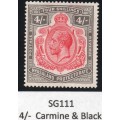 NYASALAND 1927 SG111 4/- CARMINE & Black **UNMOUNTED MINT**