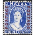 NATAL 1872 SACC66 3d BRIGHT BLUE WITH O/P IN RED - CV R3500
