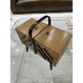 Vintage Sewing Box Wood 3 Tier Accordion w/ Legs Poland Dovetailed Basket Rare!!