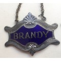 VINTAGE WHISKY, BRANDY and GIN DECANTER , ENAMELED BRASS NECK TAGS