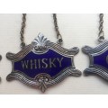 VINTAGE WHISKY, BRANDY and GIN DECANTER , ENAMELED BRASS NECK TAGS