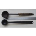 SOLID CAST IRON , 2 LADLES ,VINTAGE CAST , for smelting, wax pouring, blacksmithing burlap wrap hand