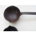 SOLID CAST IRON , 2 LADLES ,VINTAGE CAST , for smelting, wax pouring, blacksmithing burlap wrap hand